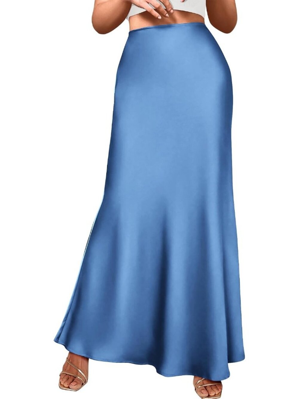 Women's Blue Satin Silk High Waist Flared Pull On Maxi Mermaid Satin Skirt
